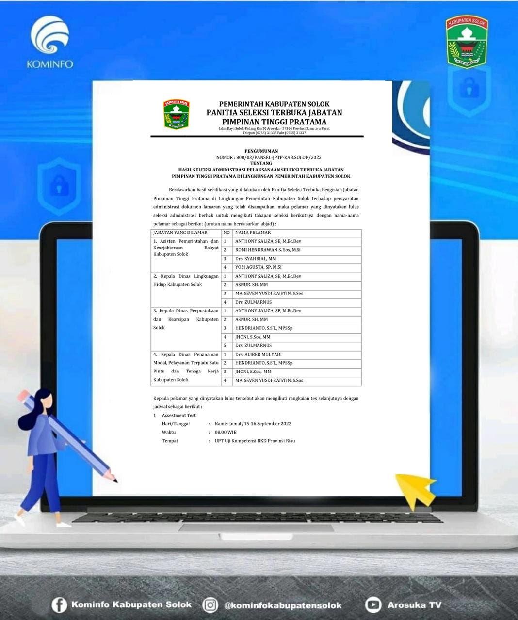 Hasil Seleksi Administrasi Pelaksanaan Seleksi Terbuka Jabatan Pimpinan Tinggi Pratama Di Lingkungan Pemerintah Kabupaten Solok